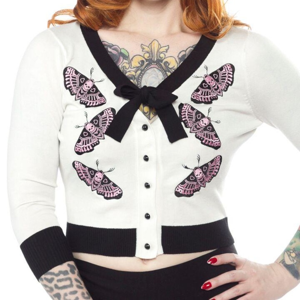 EUC Sourpuss Embroidered Death-Moth Cropped Cardigan